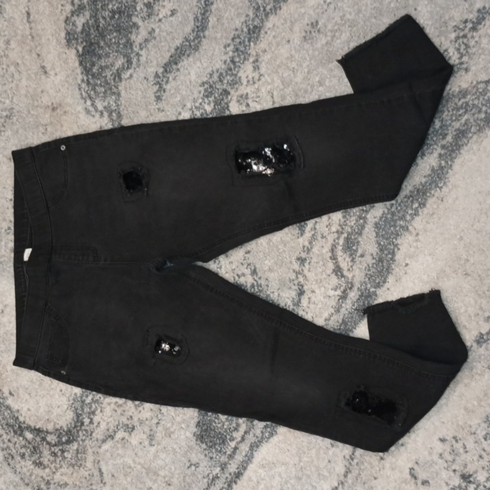 Justice Mid Rise Jean leggings w/Distressed Details & Reversible Sequin